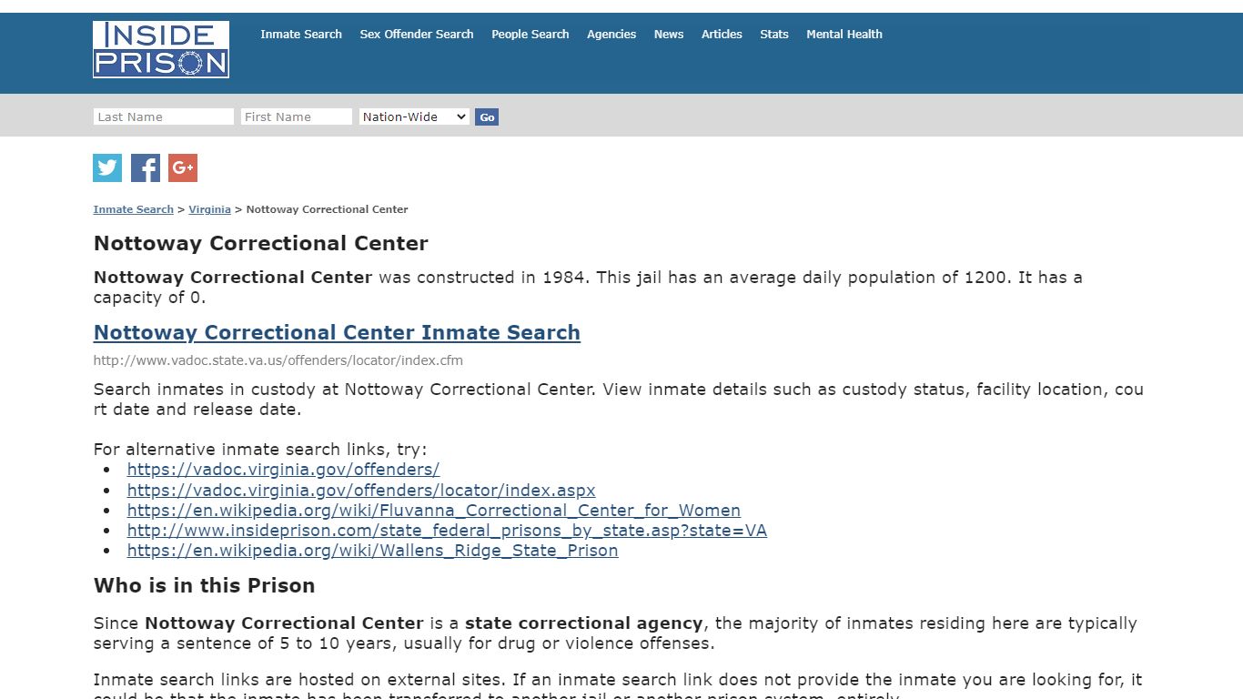 Nottoway Correctional Center - Virginia - Inmate Search